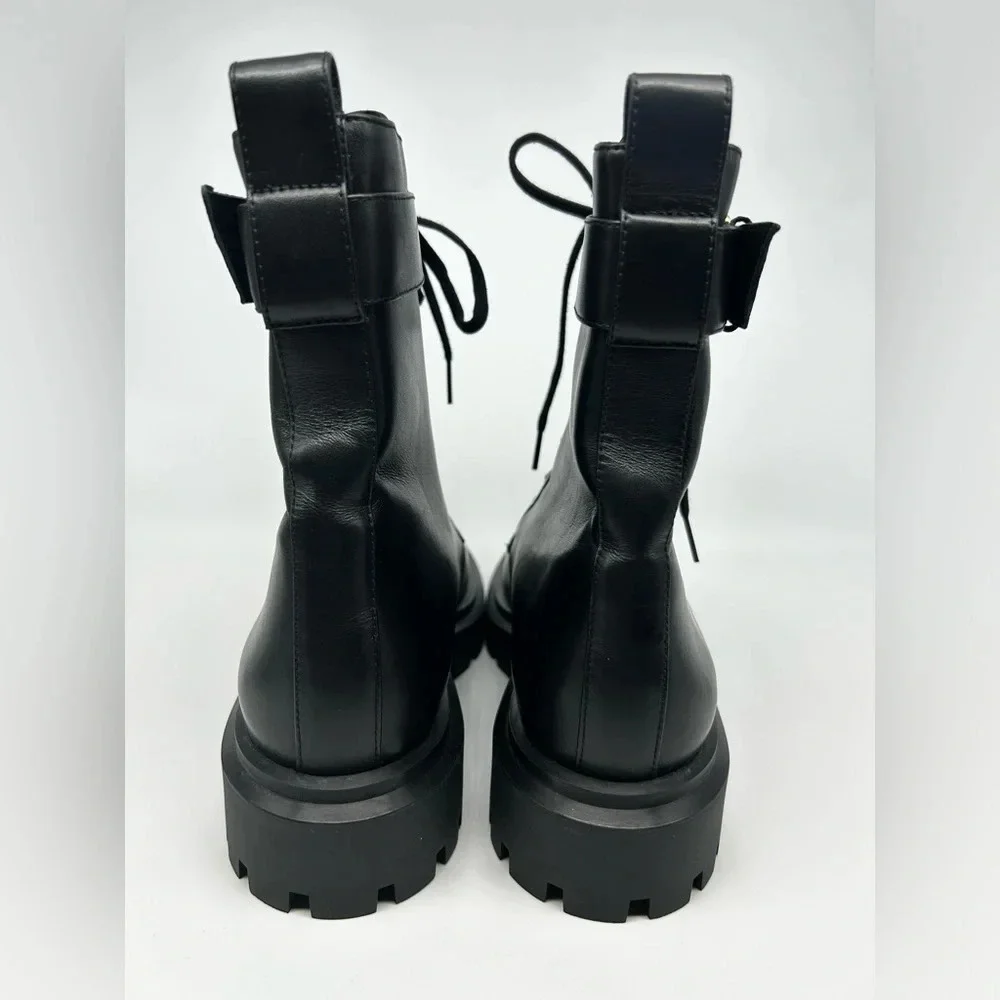 Stuart Weitzman Ultra Lug Black Combat boots Gold Buckles  size 10.5  new